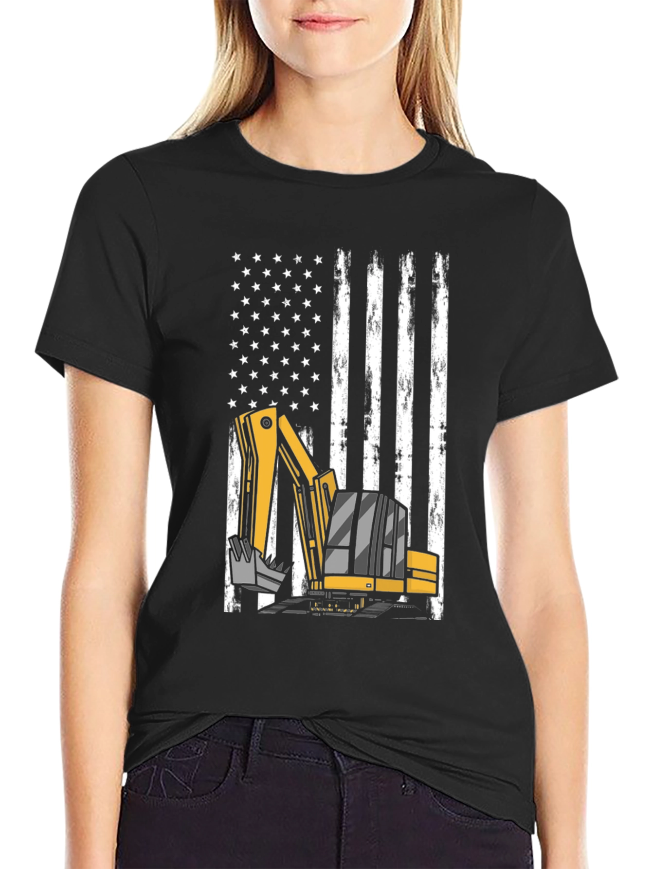 Excavator American Flag T-Shirt - Patriotic Construction Tee