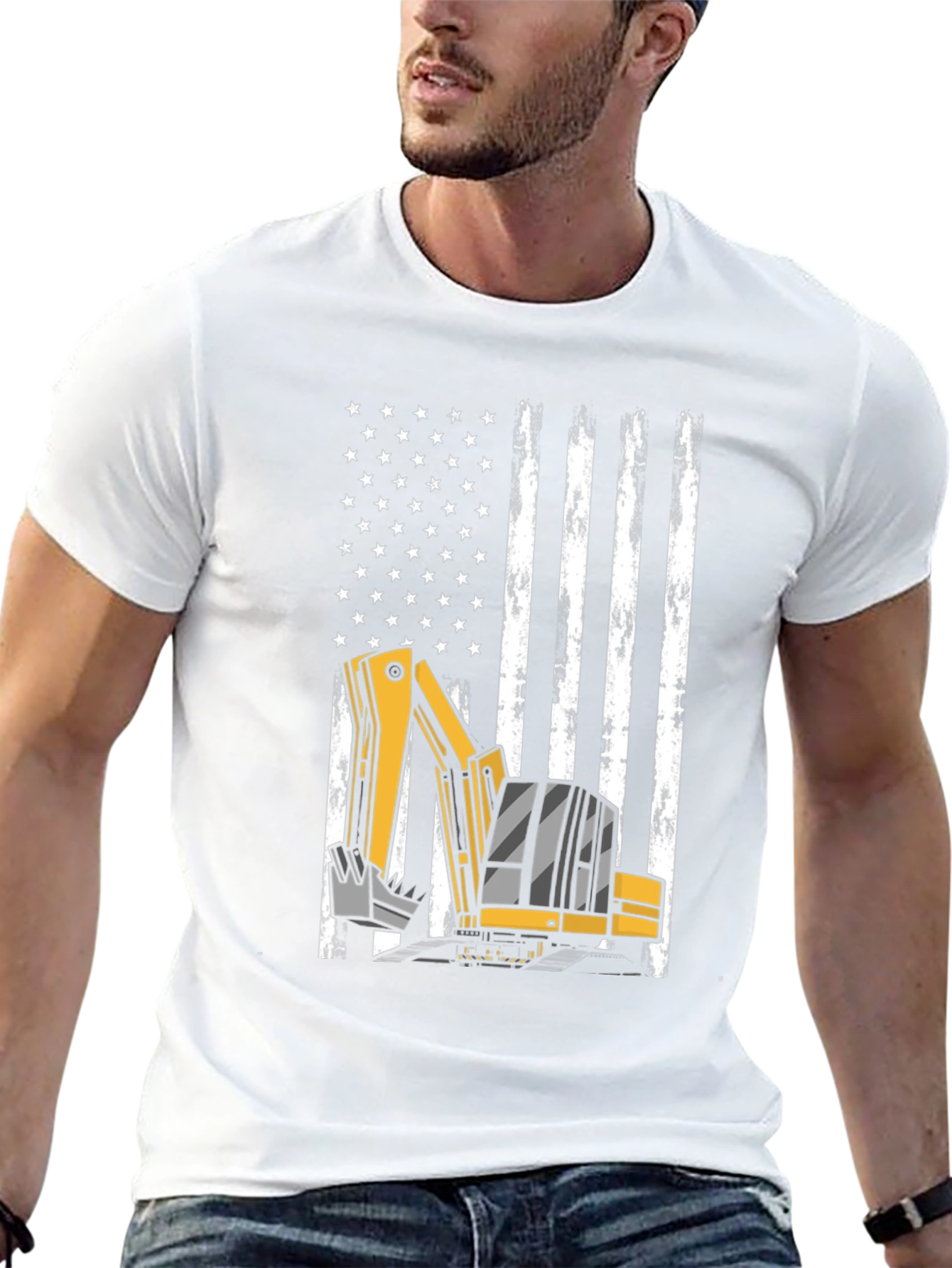 Excavator American Flag T-Shirt - Patriotic Construction Tee