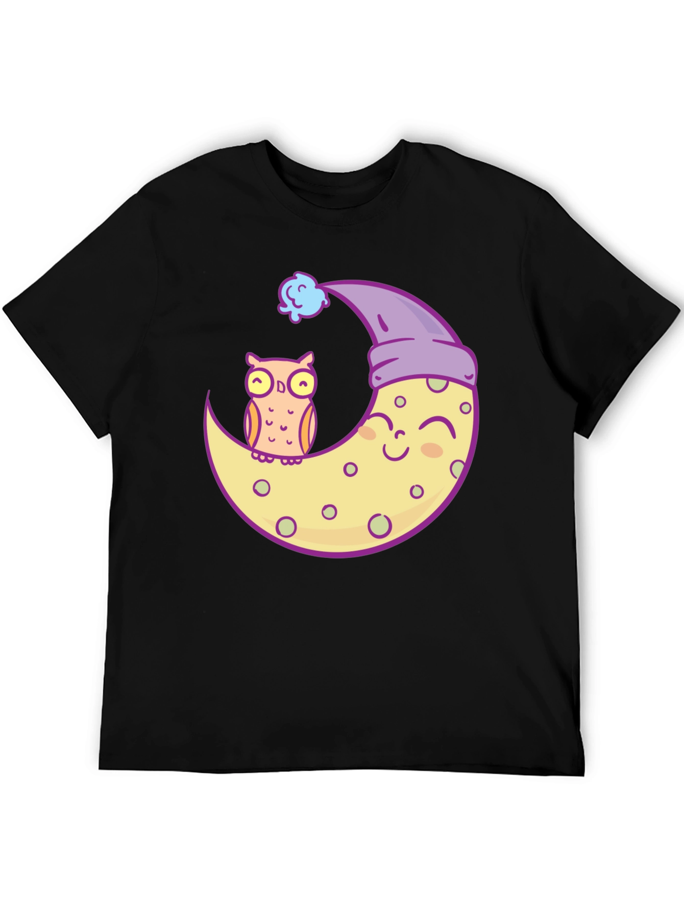 Owl and Moon Graphic Tee - Black Cotton T-Shirt