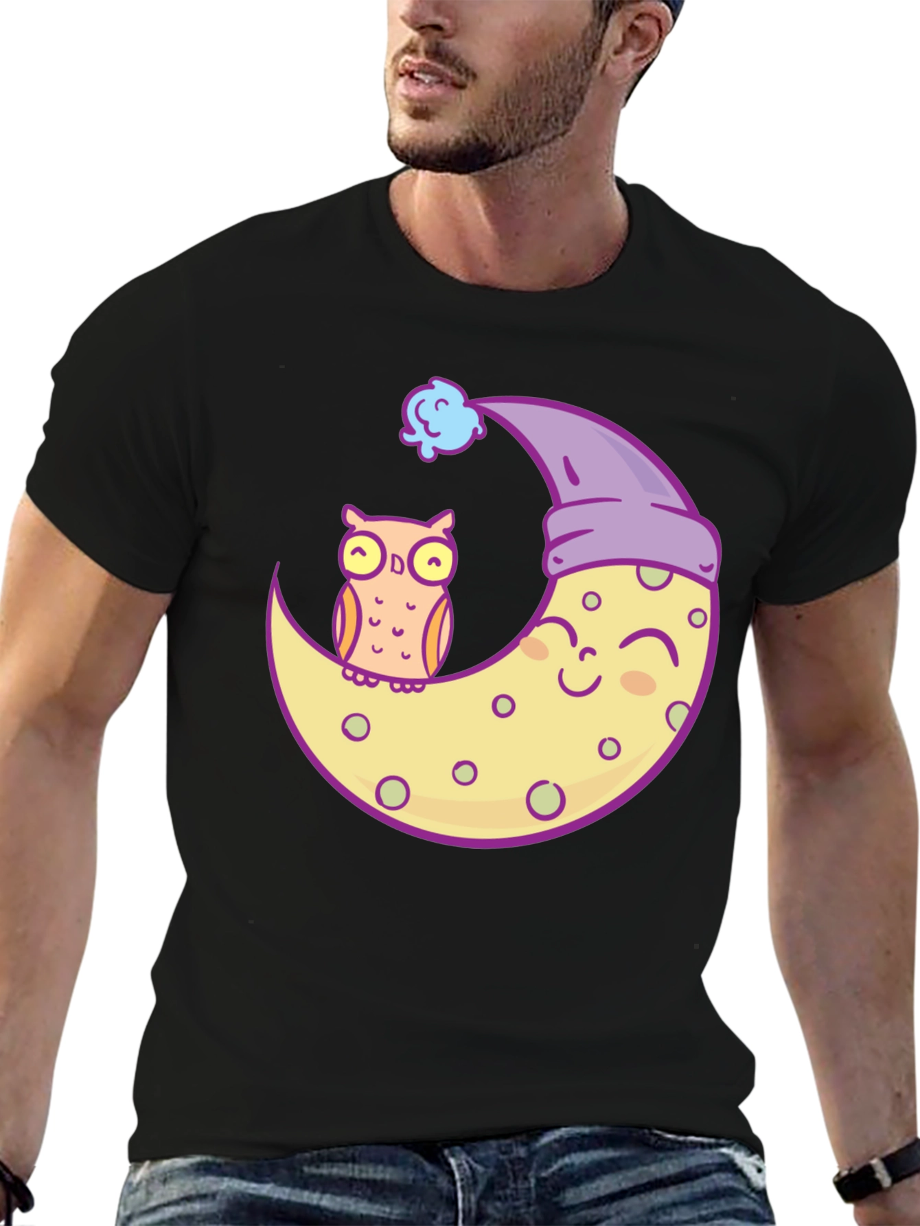 Owl and Moon Graphic Tee - Black Cotton T-Shirt