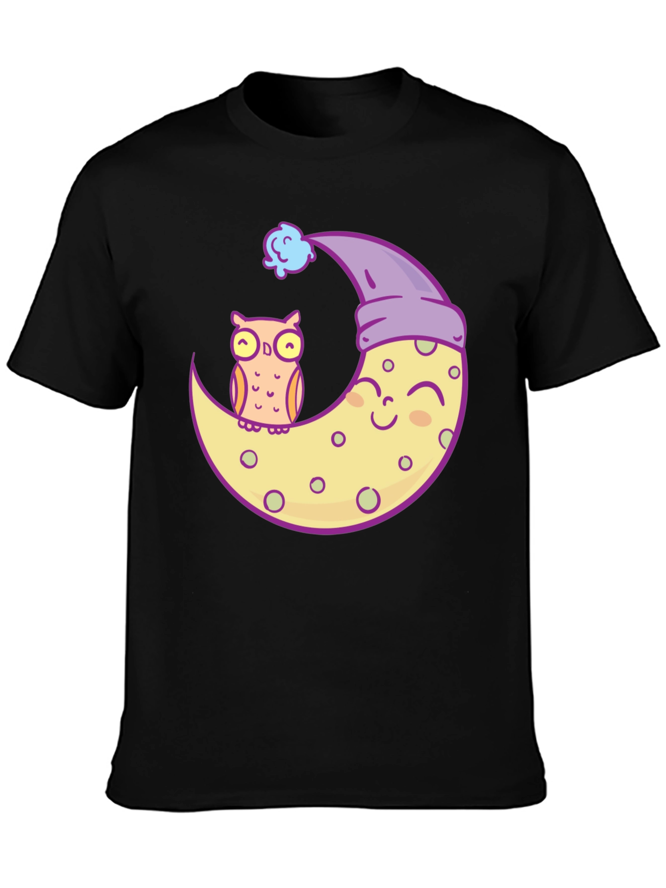 Owl and Moon Graphic Tee - Black Cotton T-Shirt