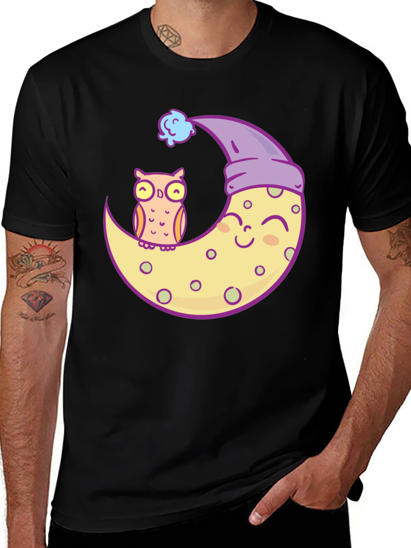 Owl and Moon Graphic Tee - Black Cotton T-Shirt