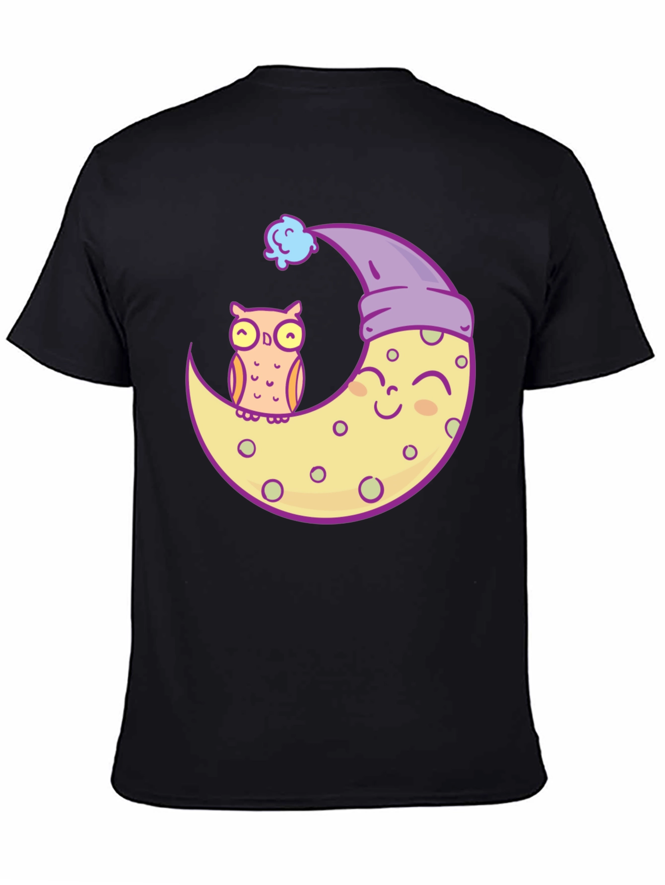 Owl and Moon Graphic Tee - Black Cotton T-Shirt