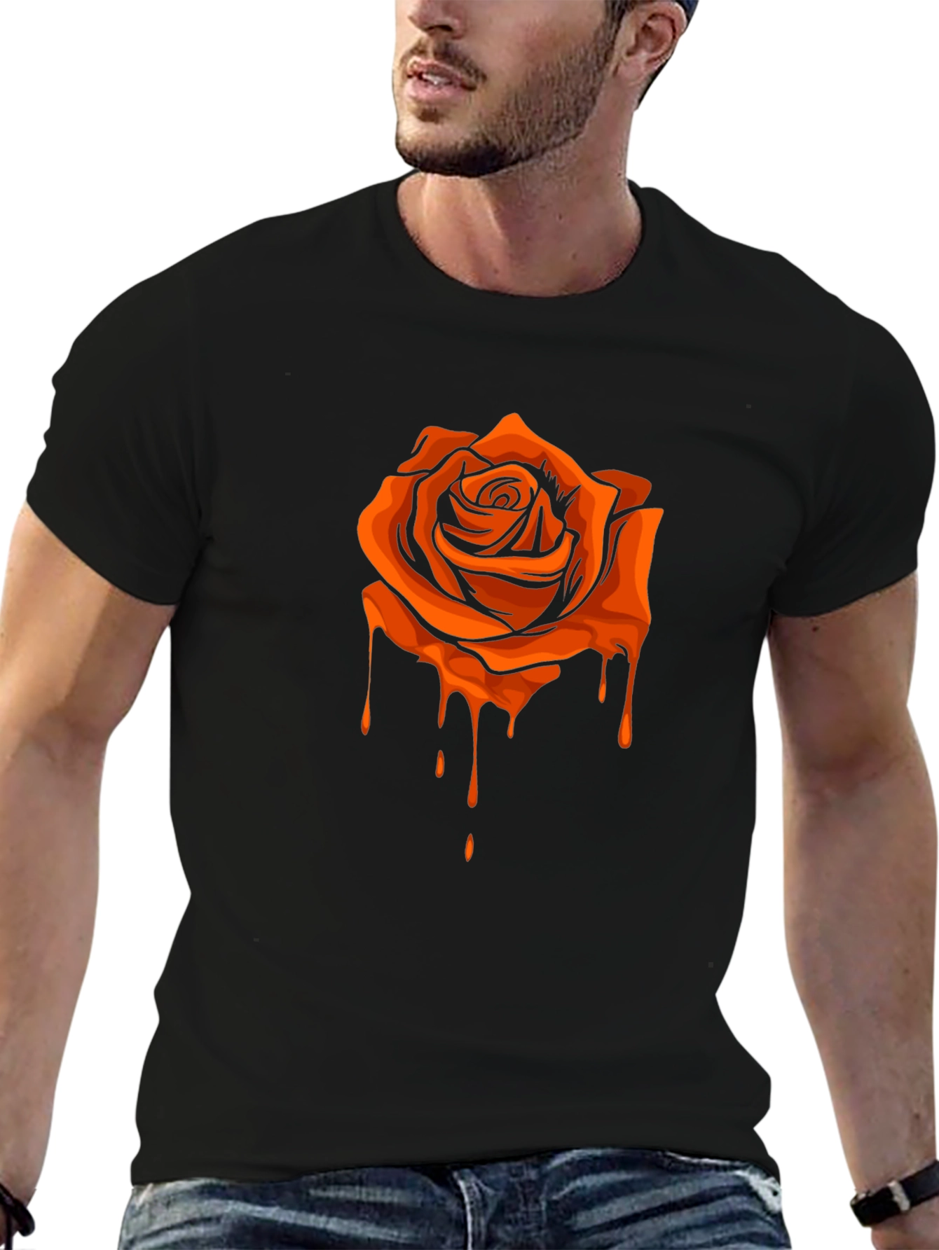 Black T-Shirt with Orange Dripping Rose Graphic