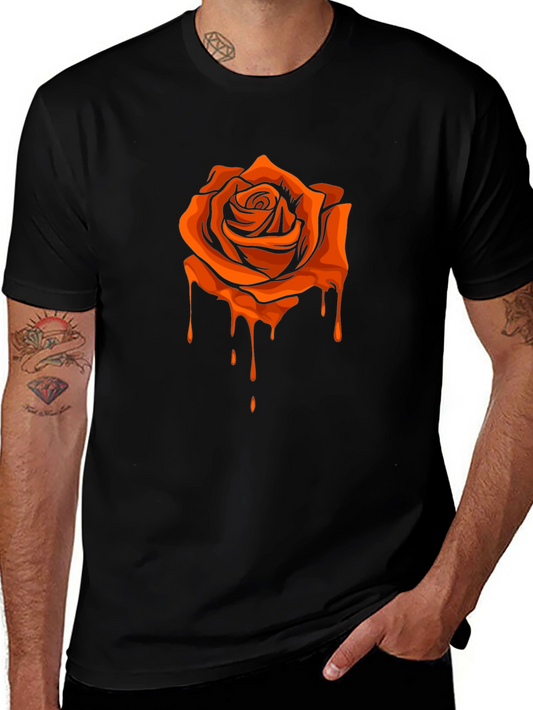 Black T-Shirt with Orange Dripping Rose Graphic
