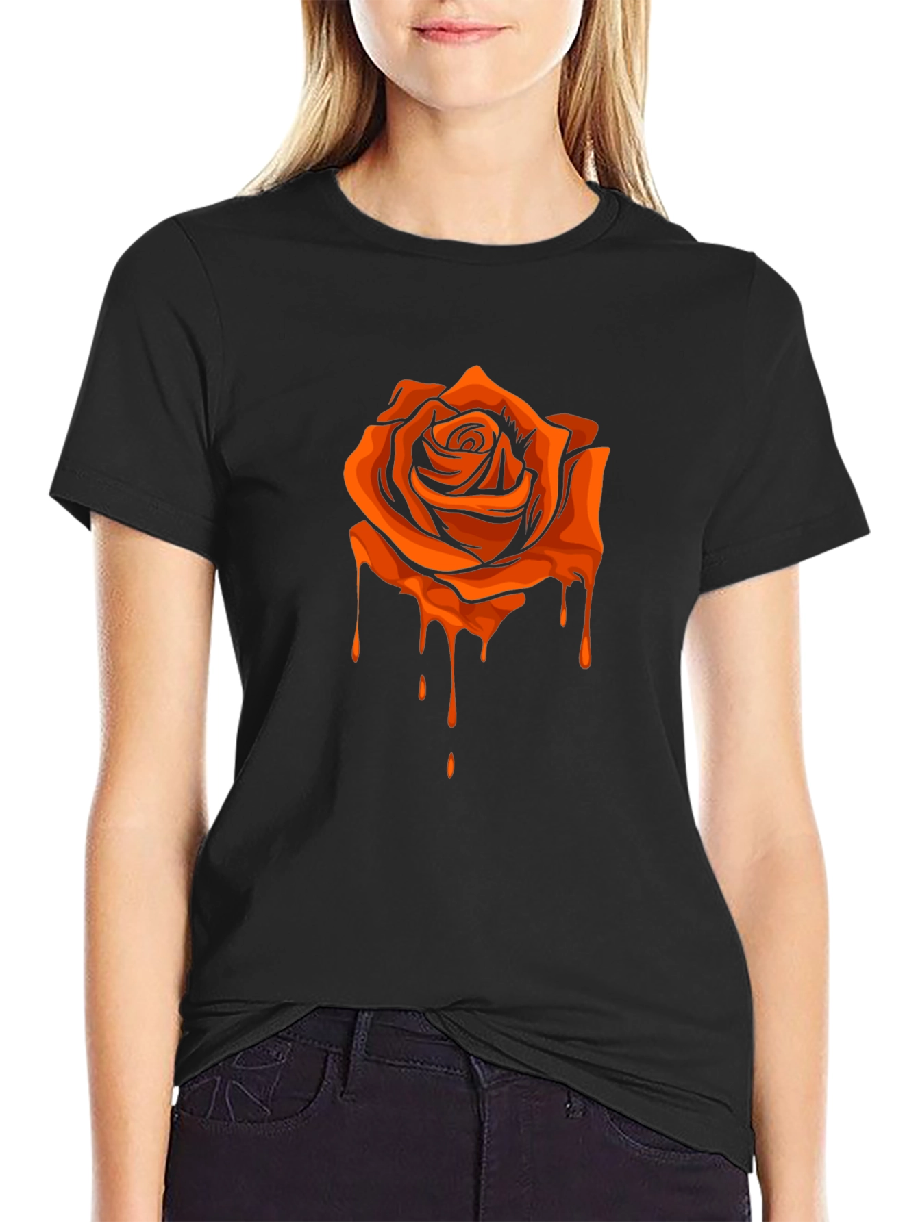 Black T-Shirt with Orange Dripping Rose Graphic