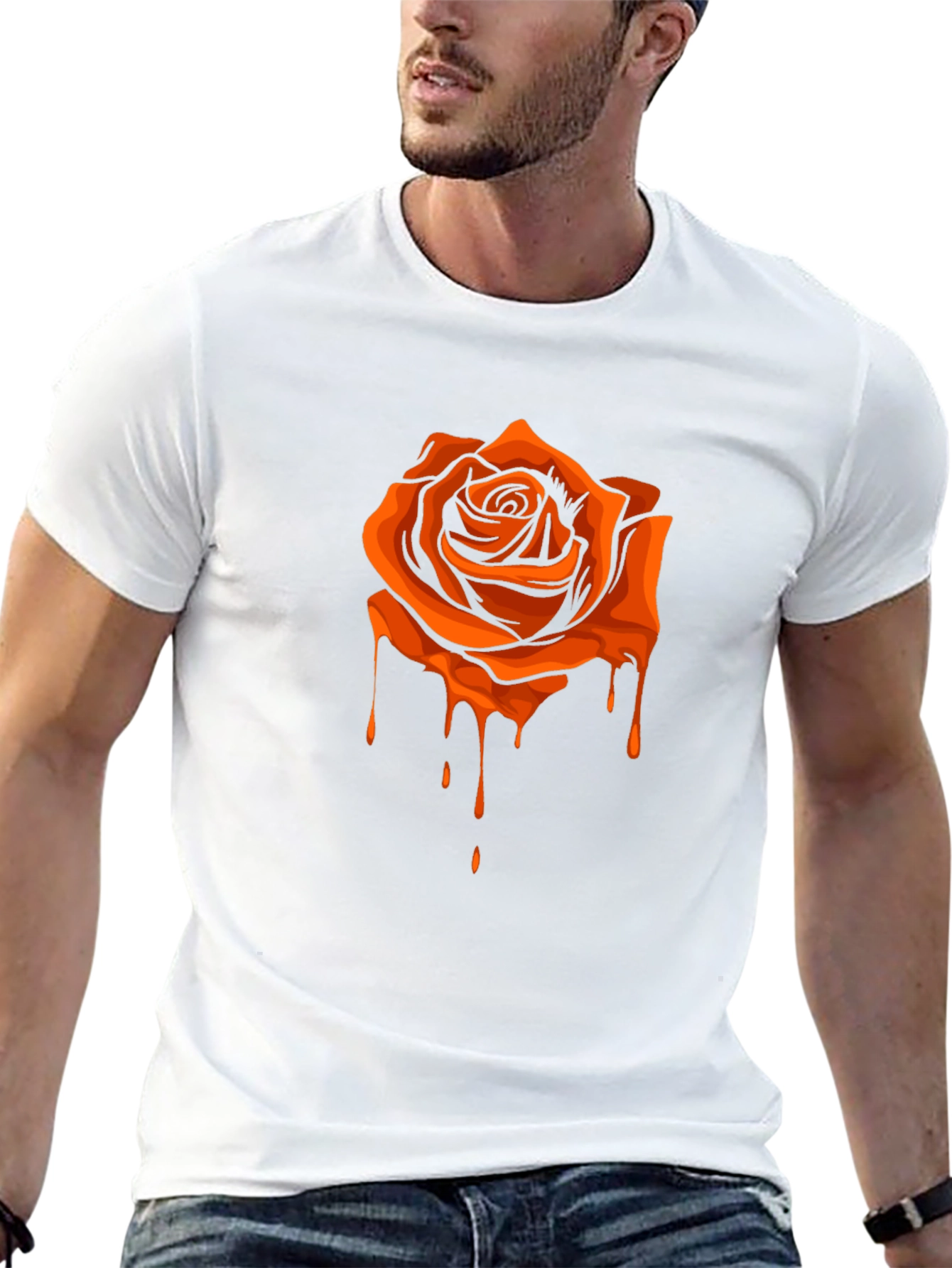 Black T-Shirt with Orange Dripping Rose Graphic
