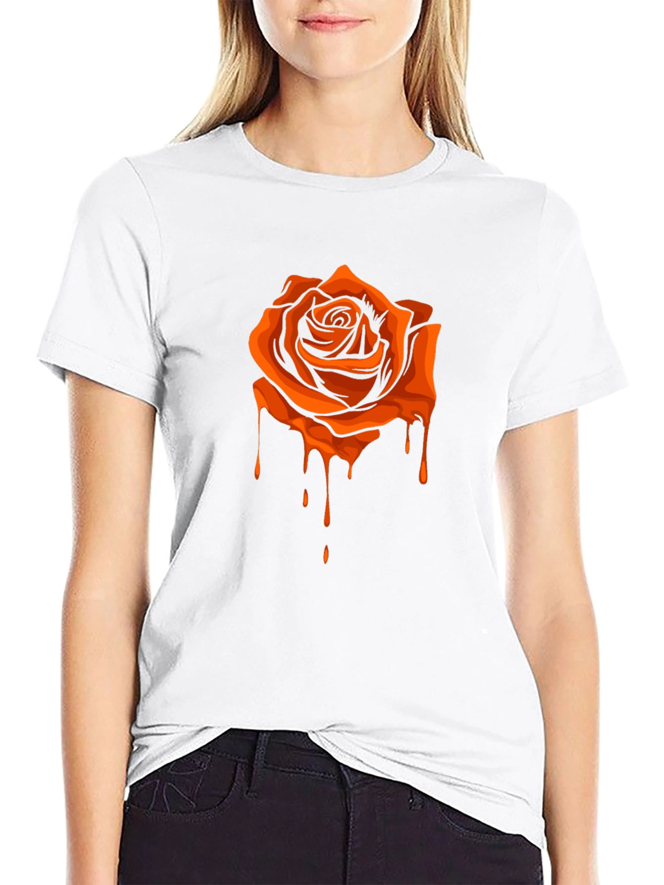 Black T-Shirt with Orange Dripping Rose Graphic