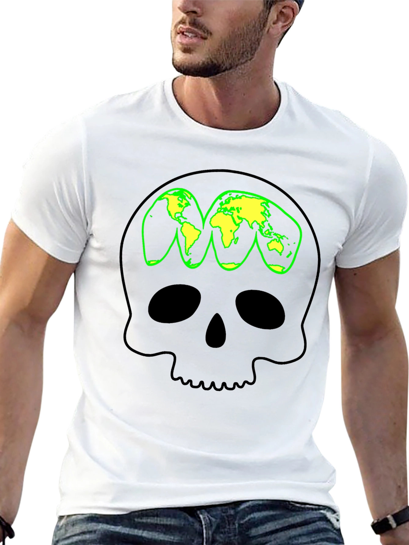 Skull World Map Graphic T-Shirt - Black