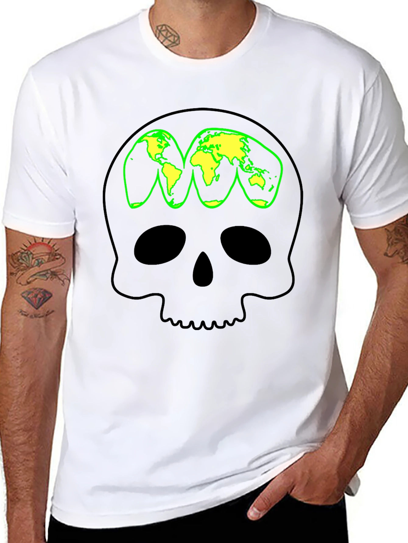 Skull World Map Graphic T-Shirt - Black