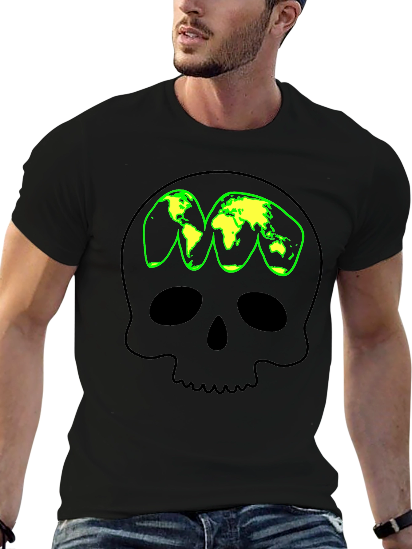 Skull World Map Graphic T-Shirt - Black
