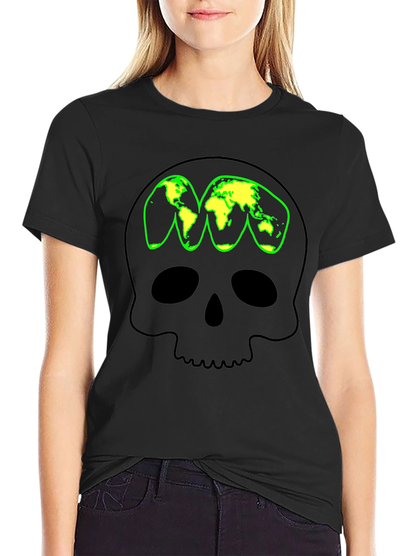 Skull World Map Graphic T-Shirt - Black