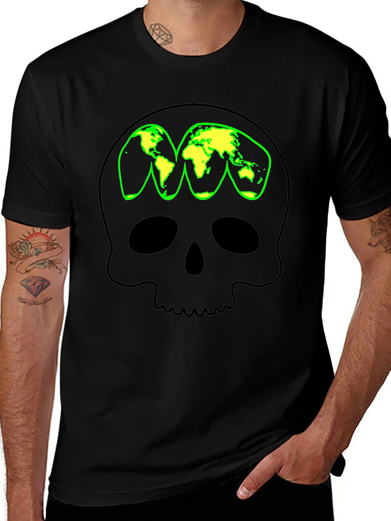Skull World Map Graphic T-Shirt - Black