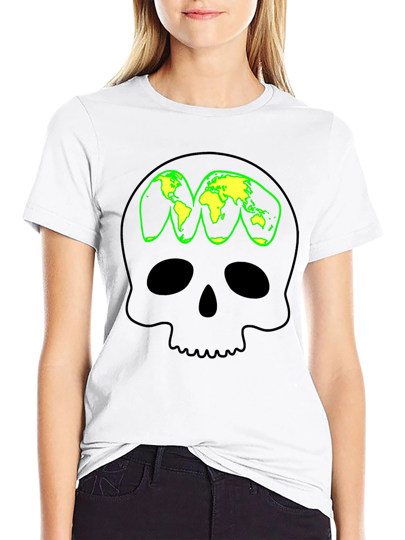 Skull World Map Graphic T-Shirt - Black