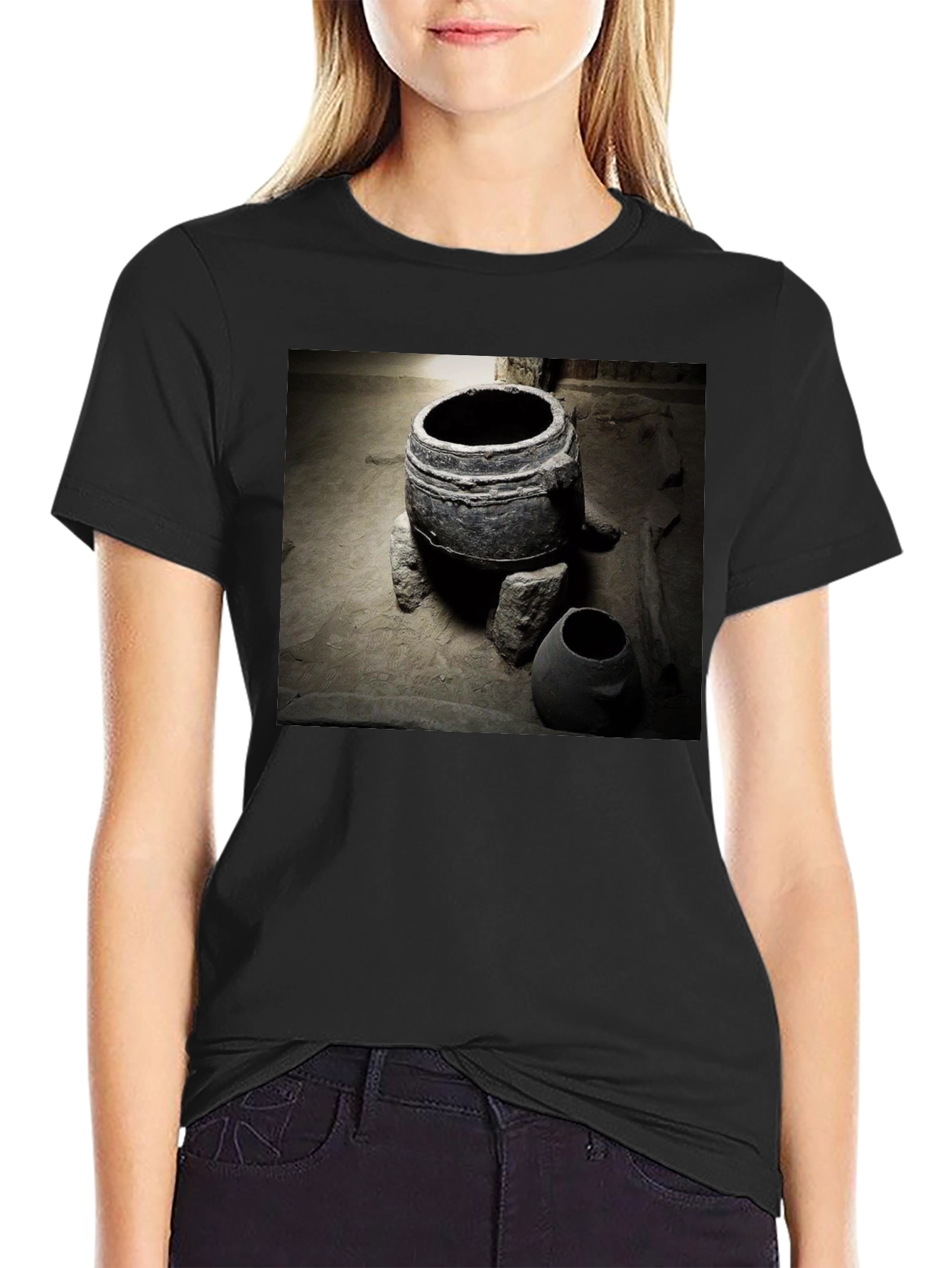 Ancient Pottery Print Tee - Unique Black T-Shirt