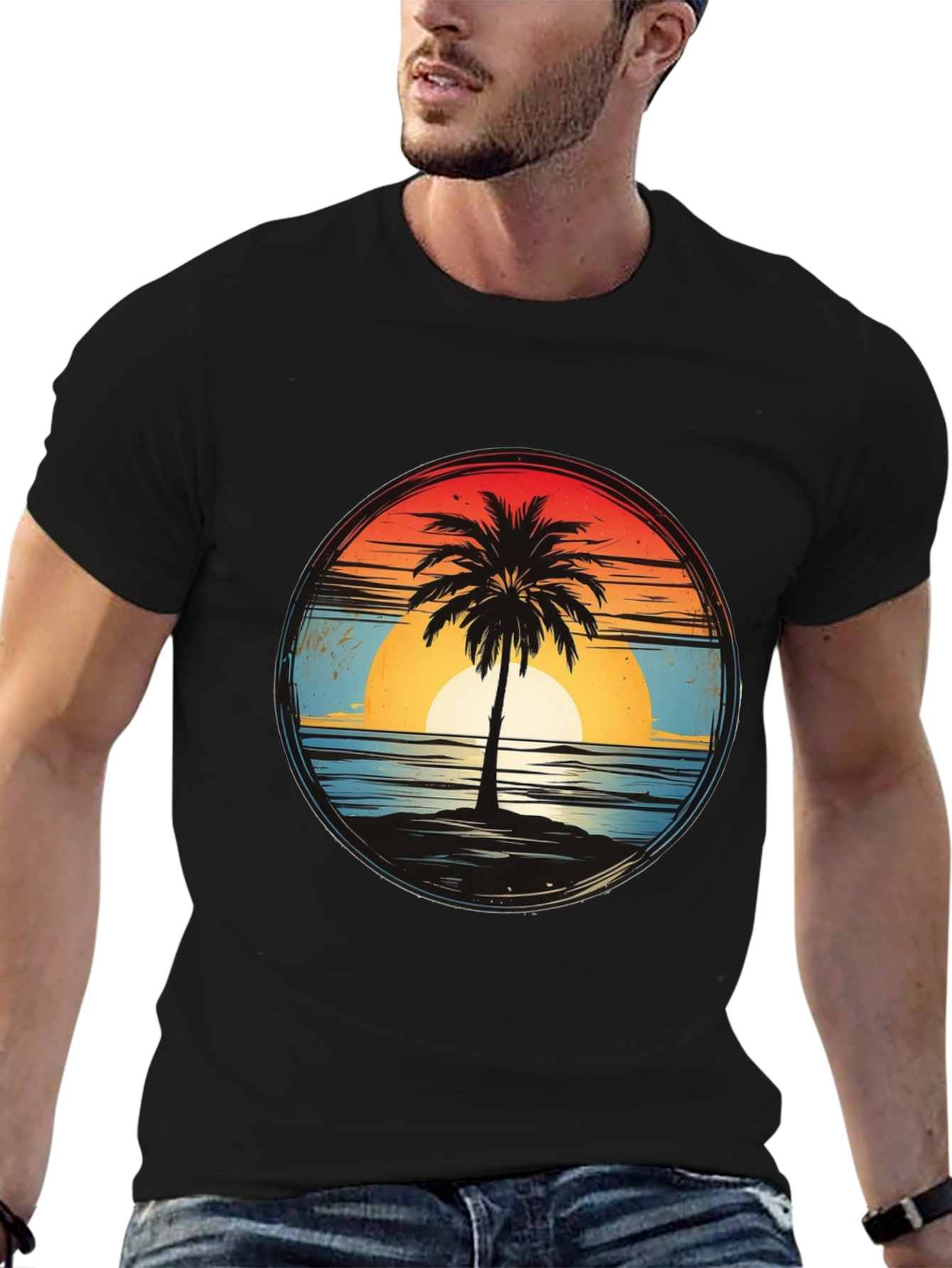 Sunset Palm Tee - Retro Beach Vibes