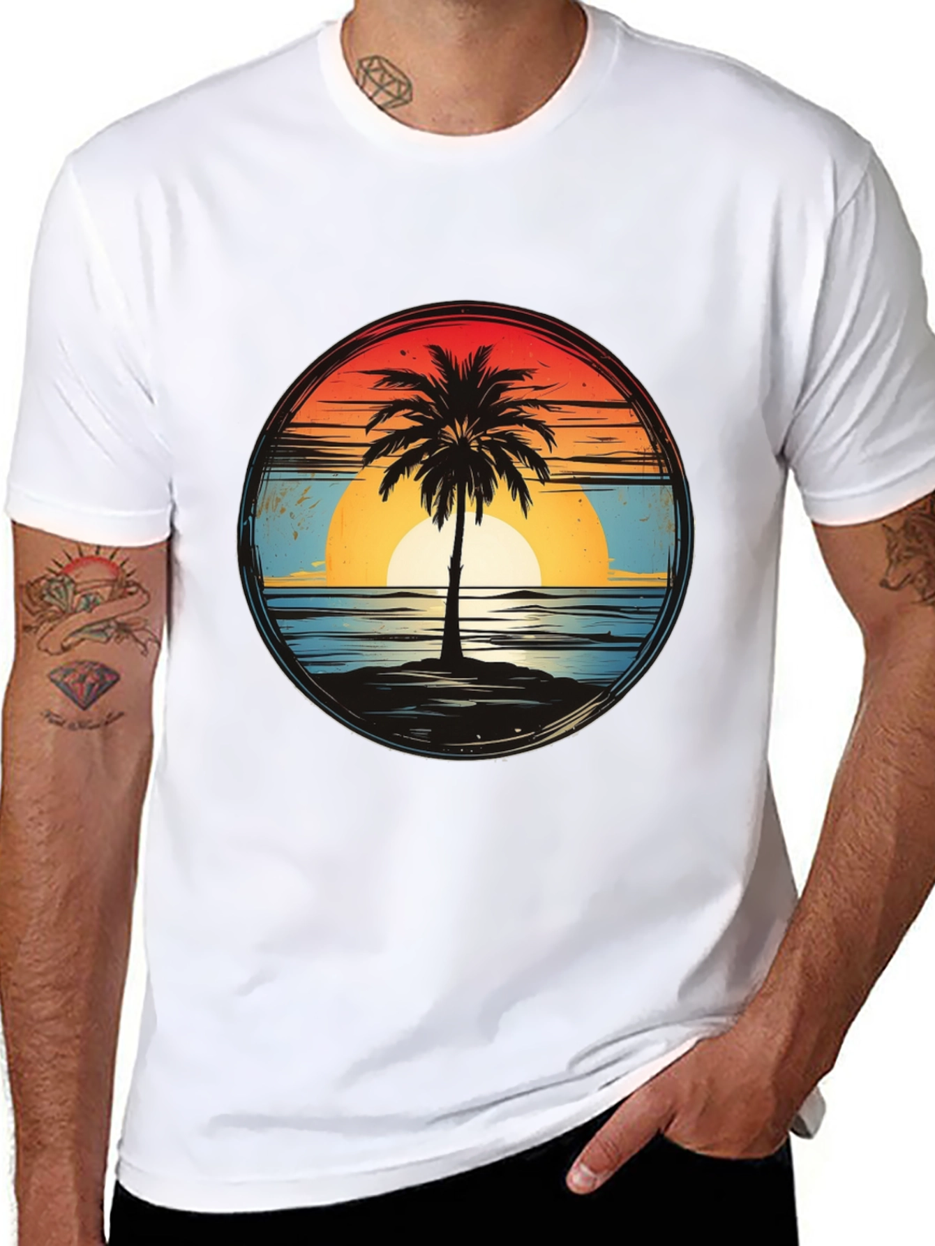 Sunset Palm Tee - Retro Beach Vibes