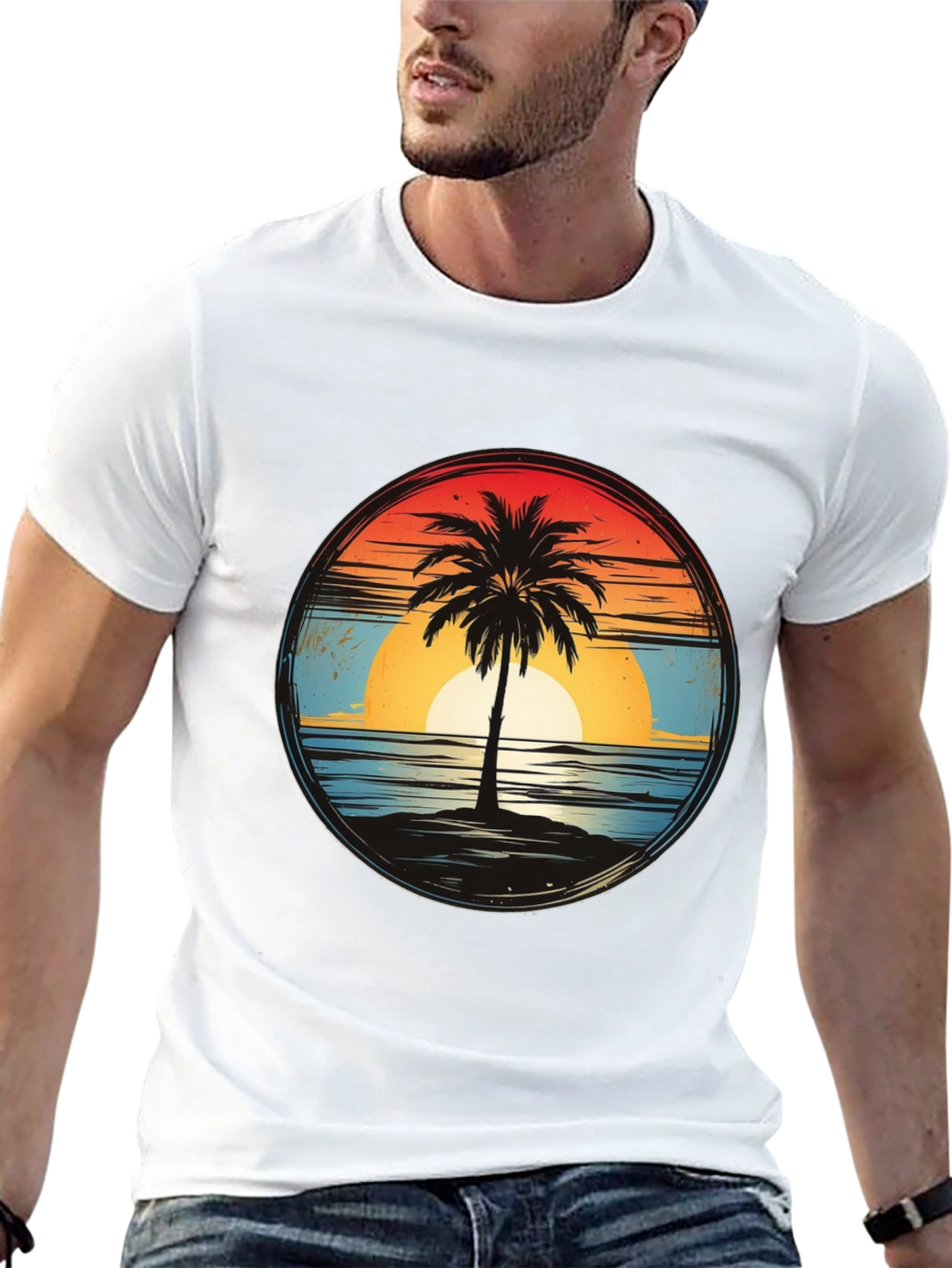 Sunset Palm Tee - Retro Beach Vibes