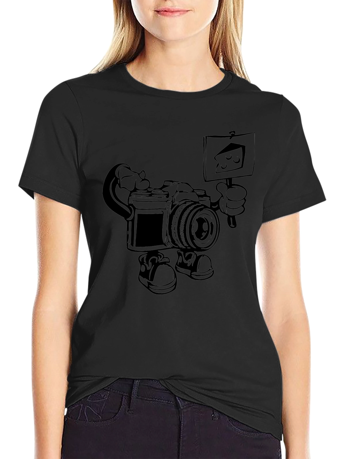 Funny Camera Cartoon Black T-Shirt
