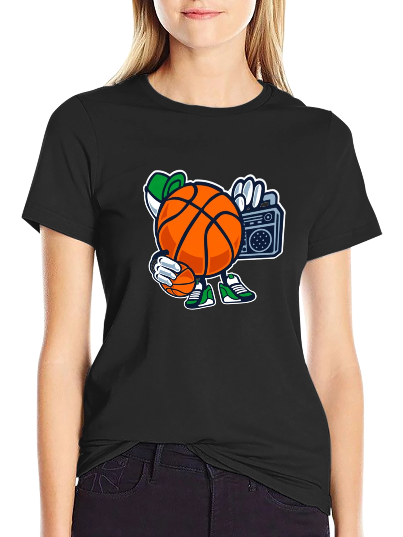Basketball Cartoon Tee - Street Style Black T-Shirt