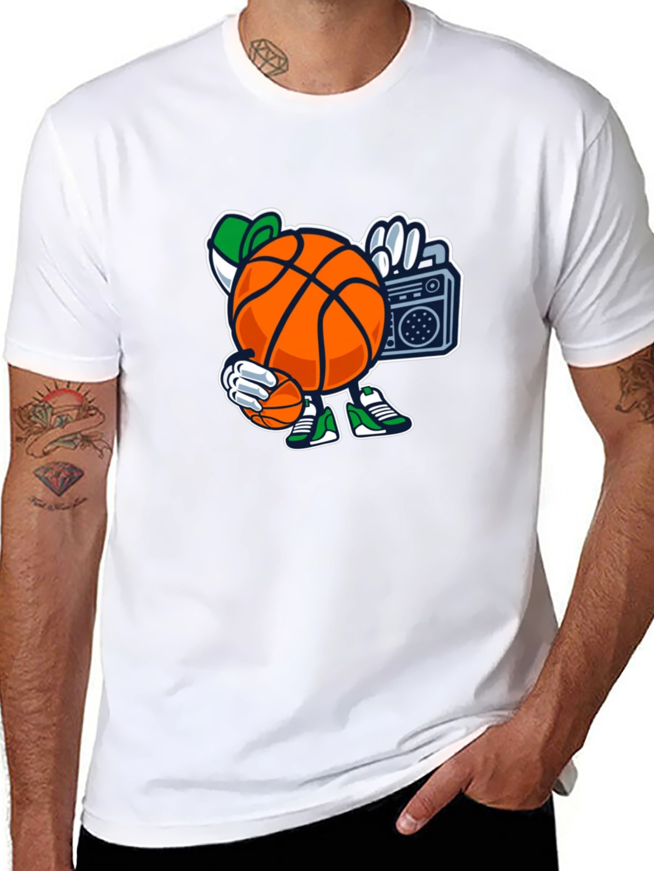 Basketball Cartoon Tee - Street Style Black T-Shirt