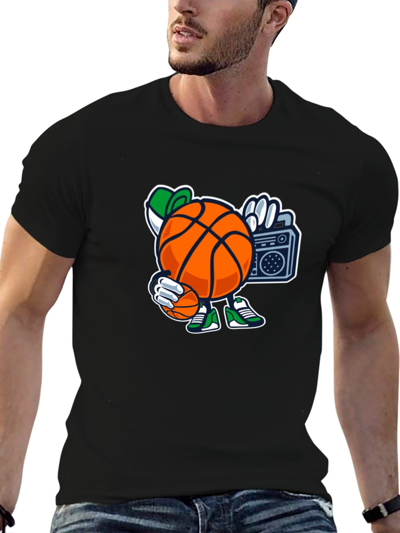 Basketball Cartoon Tee - Street Style Black T-Shirt