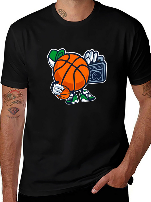 Basketball Cartoon Tee - Street Style Black T-Shirt