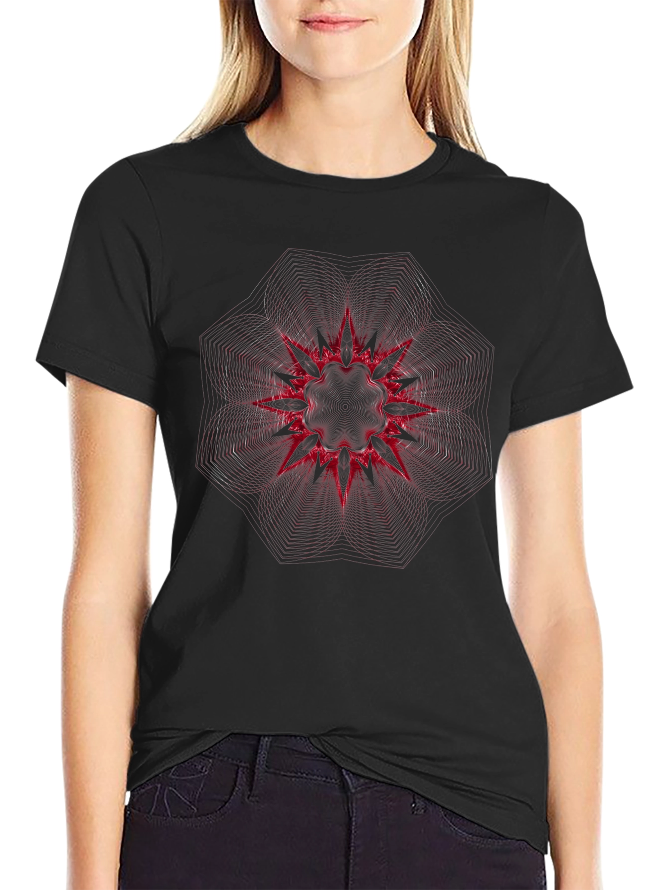 Abstract Red Starburst Graphic Black T-Shirt