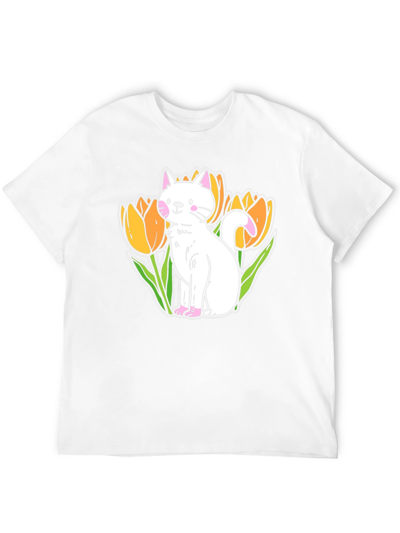 Cute Cat & Tulips Graphic T-Shirt