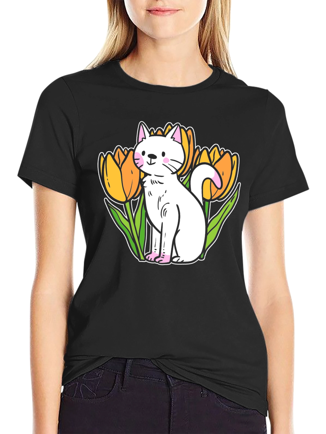 Cute Cat & Tulips Graphic T-Shirt