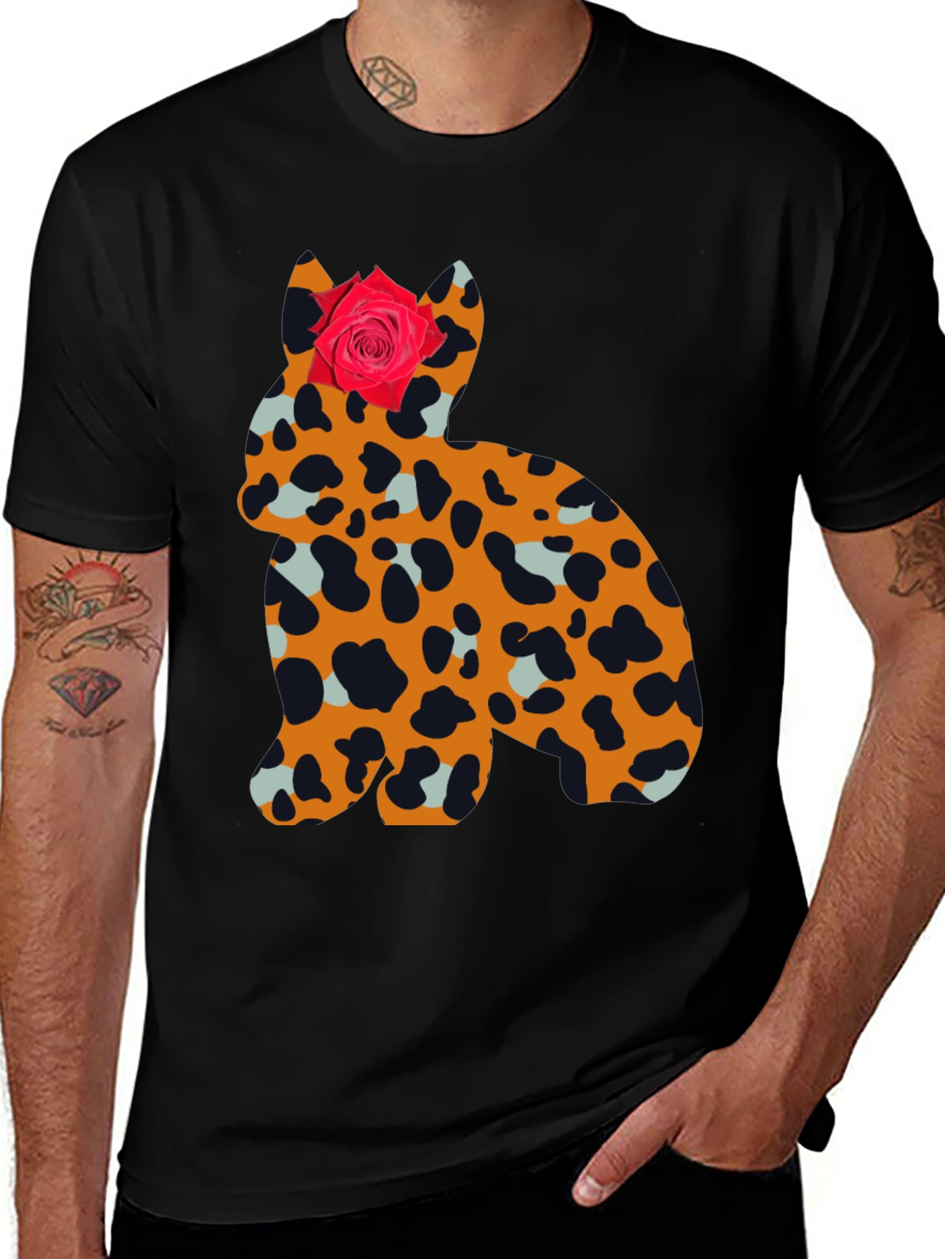 Leopard Print Cat with Rose Tee