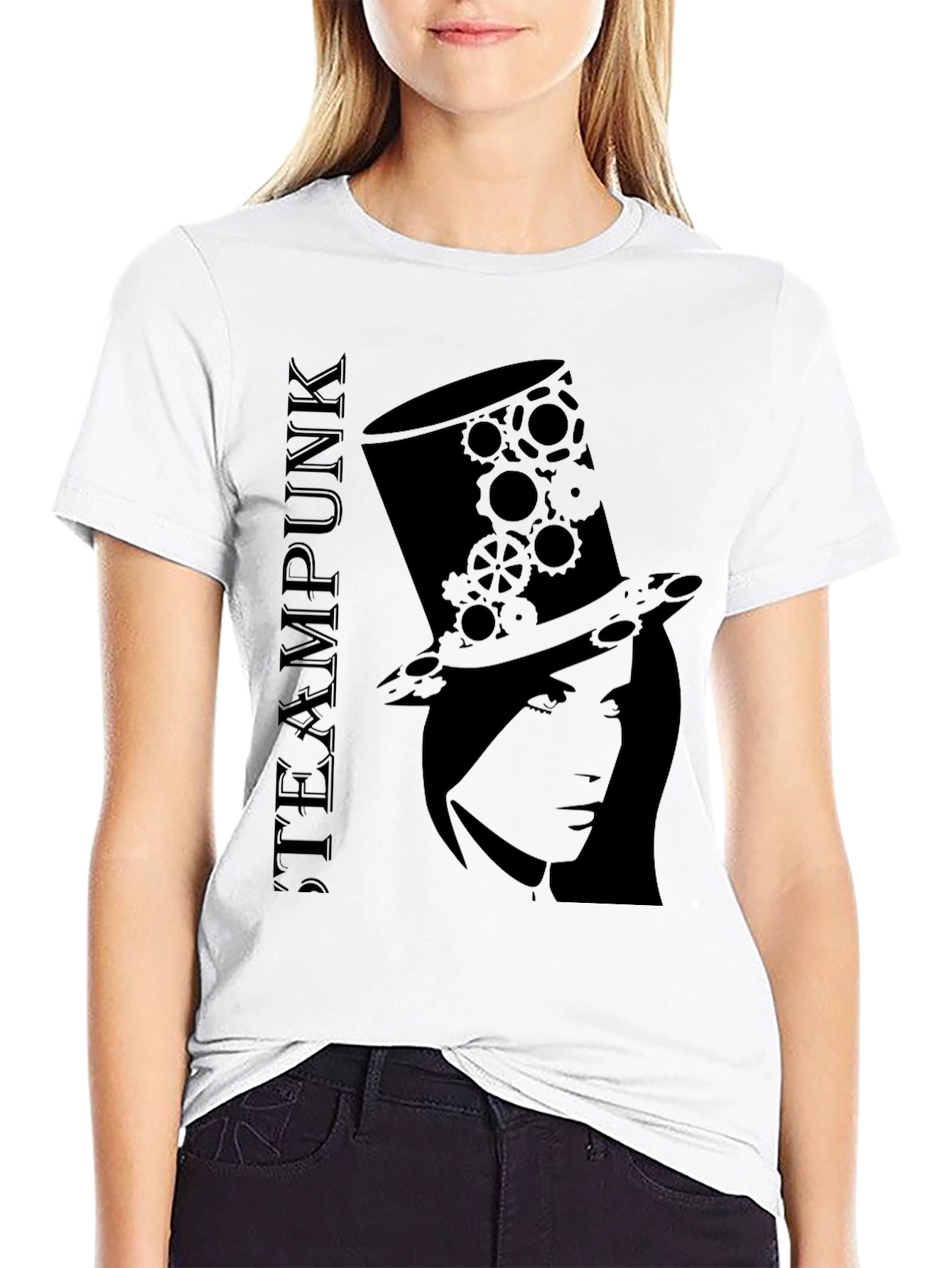 Steampunk Top Hat Woman Black T-Shirt