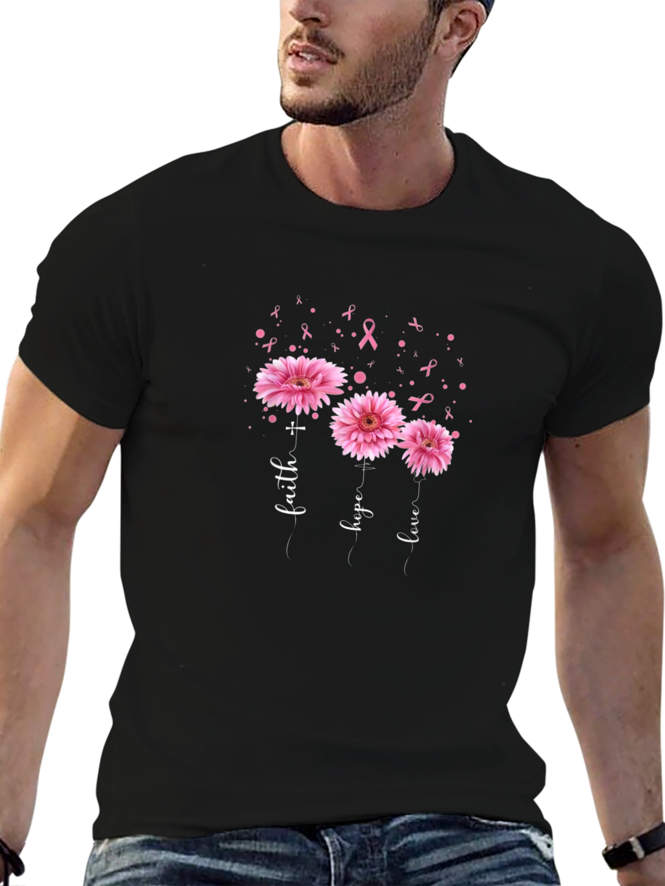 Faith Hope Love Pink Flowers Ribbon T-Shirt