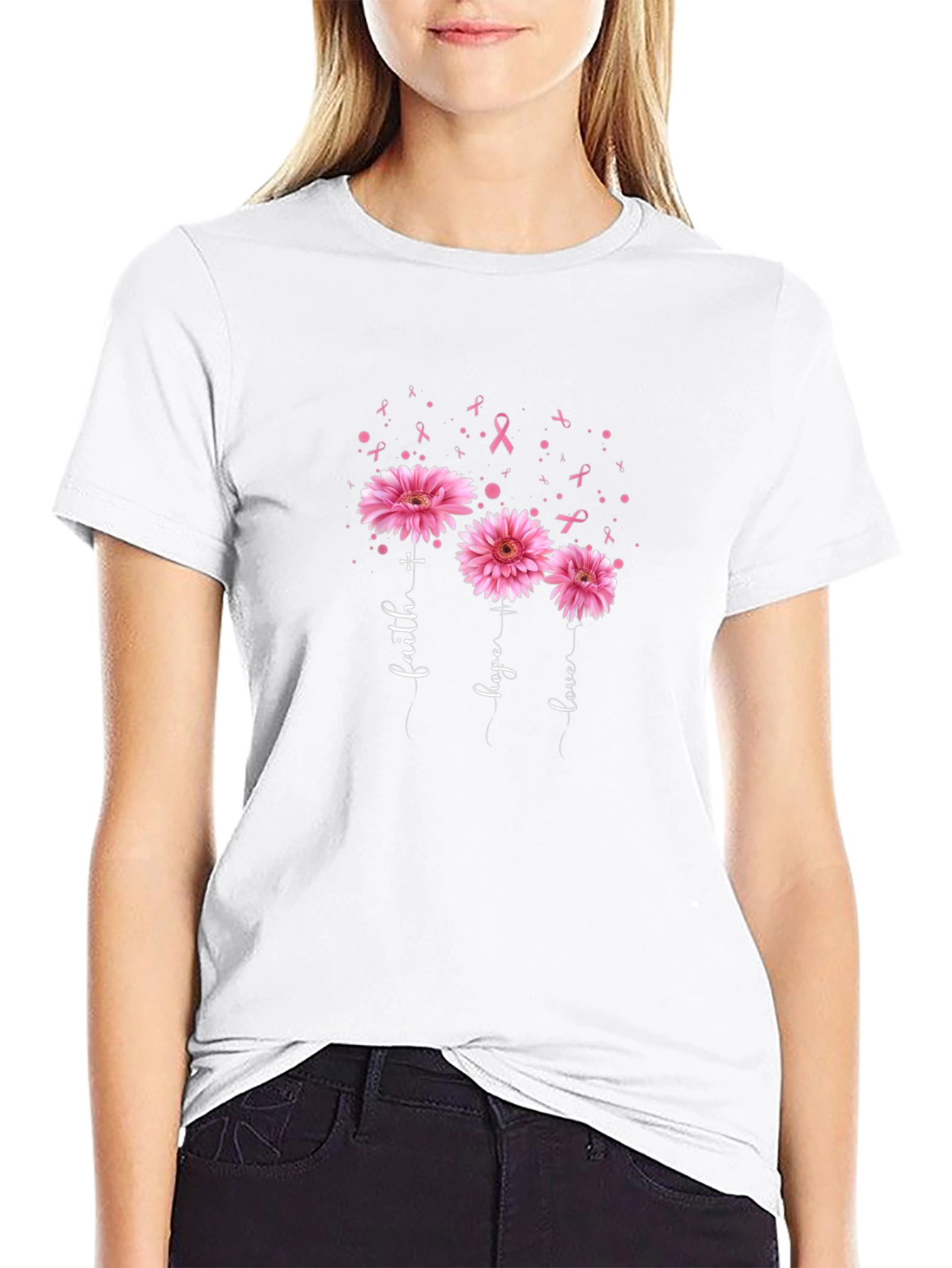 Faith Hope Love Pink Flowers Ribbon T-Shirt