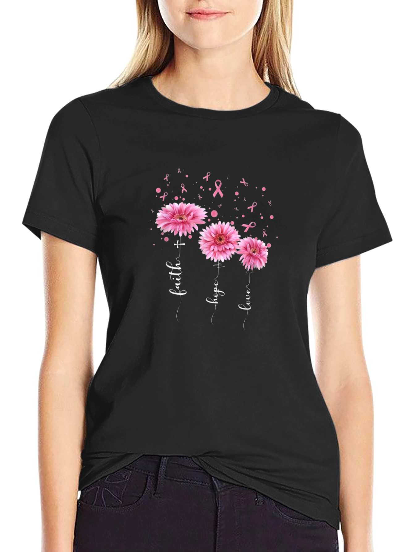 Faith Hope Love Pink Flowers Ribbon T-Shirt
