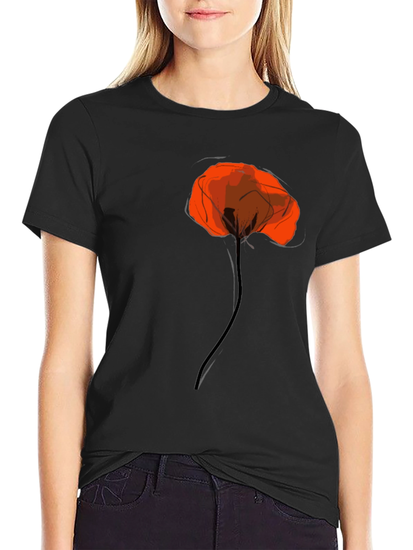 Black Tee with Artistic Red Poppy Design