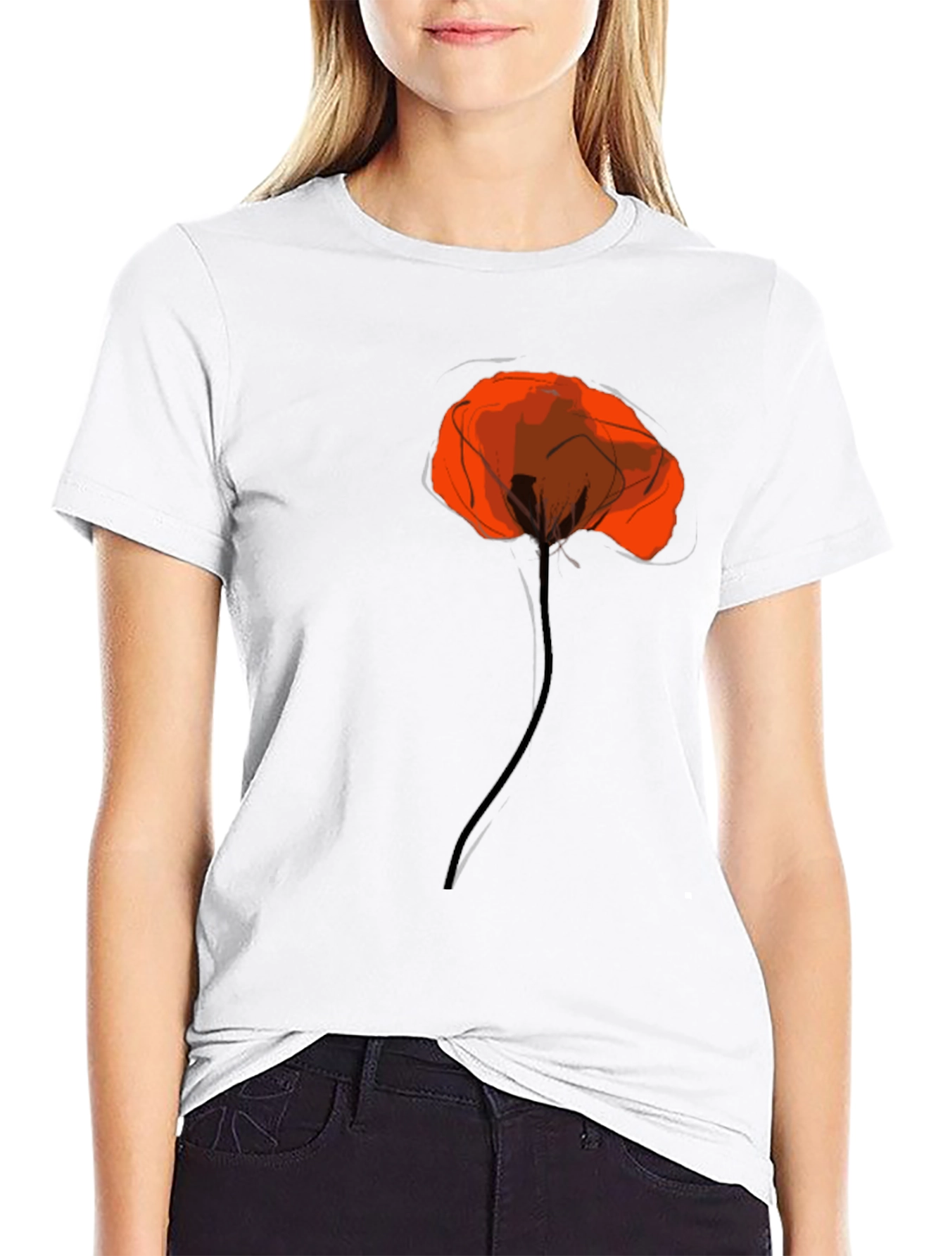 Black Tee with Artistic Red Poppy Design