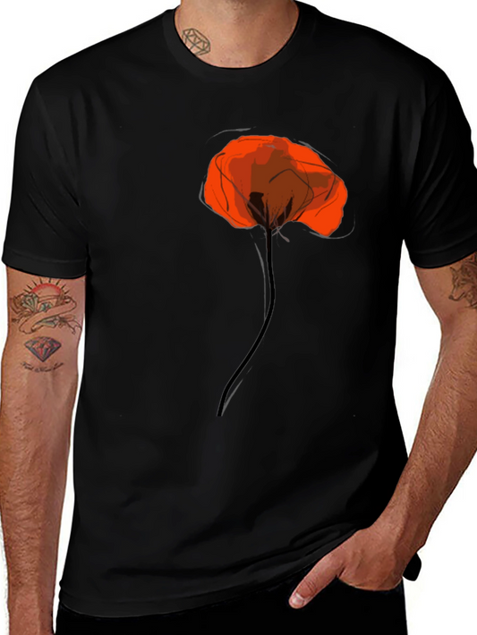 Black Tee with Artistic Red Poppy Design