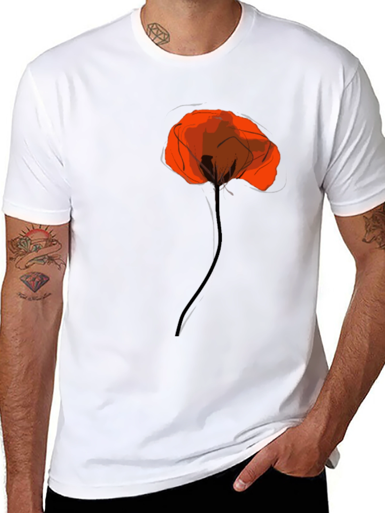 Black Tee with Artistic Red Poppy Design