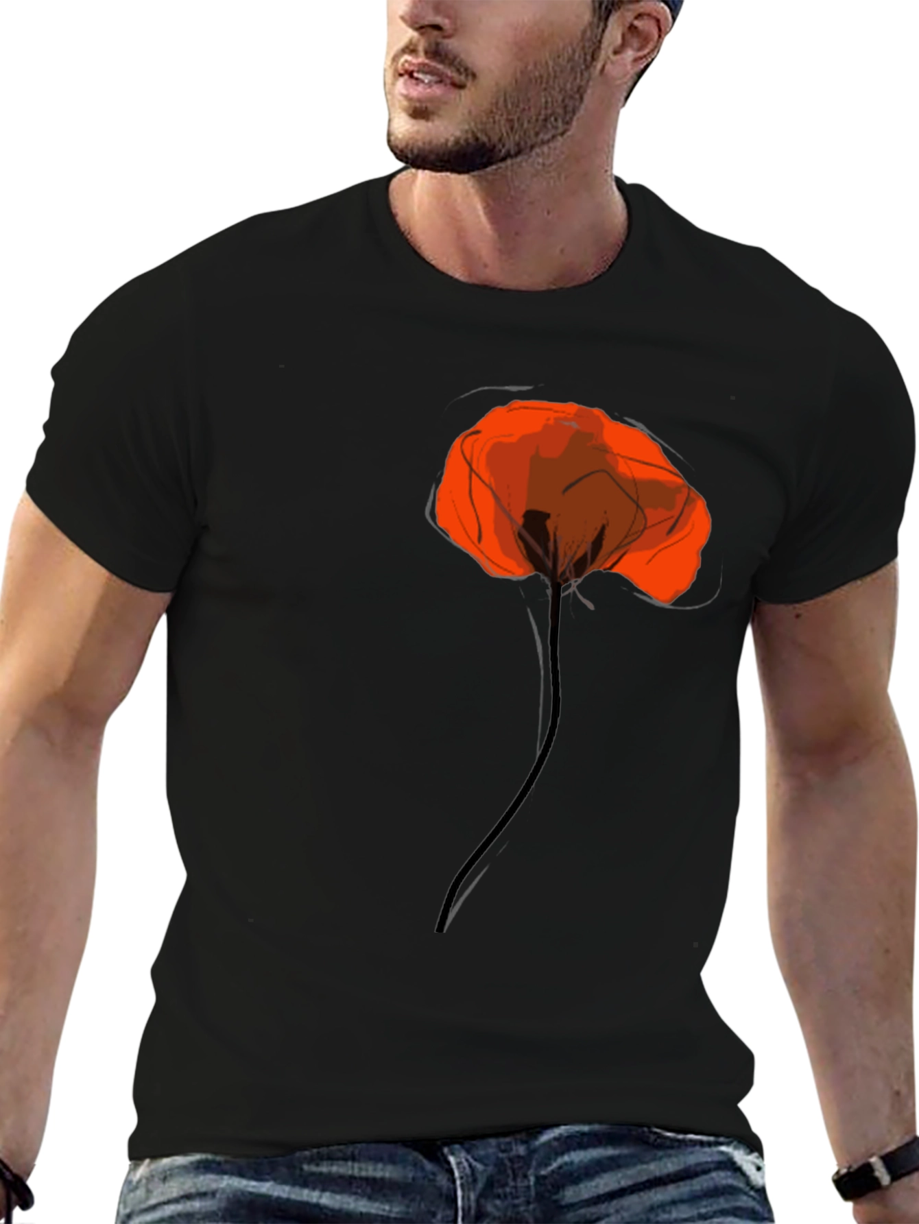 Black Tee with Artistic Red Poppy Design