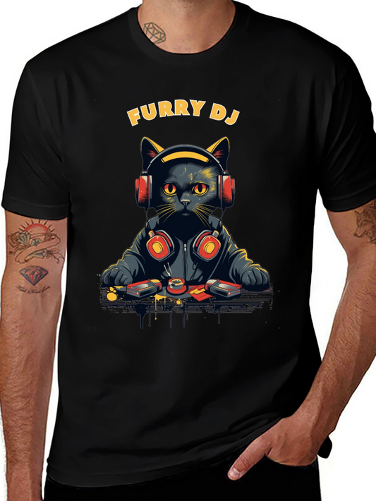 Furry DJ Cat Graphic Tee - Black T-Shirt