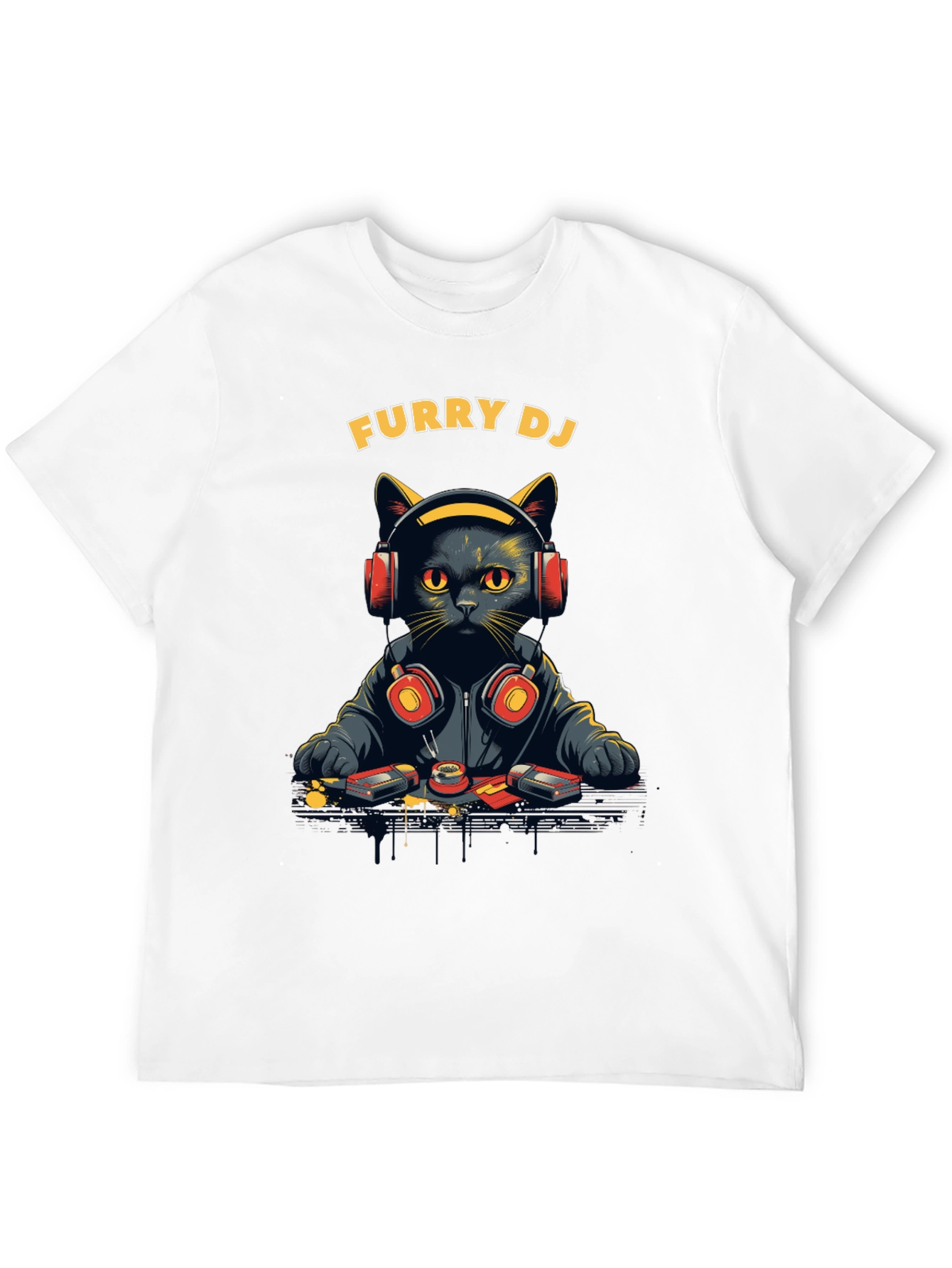 Furry DJ Cat Graphic Tee - Black T-Shirt