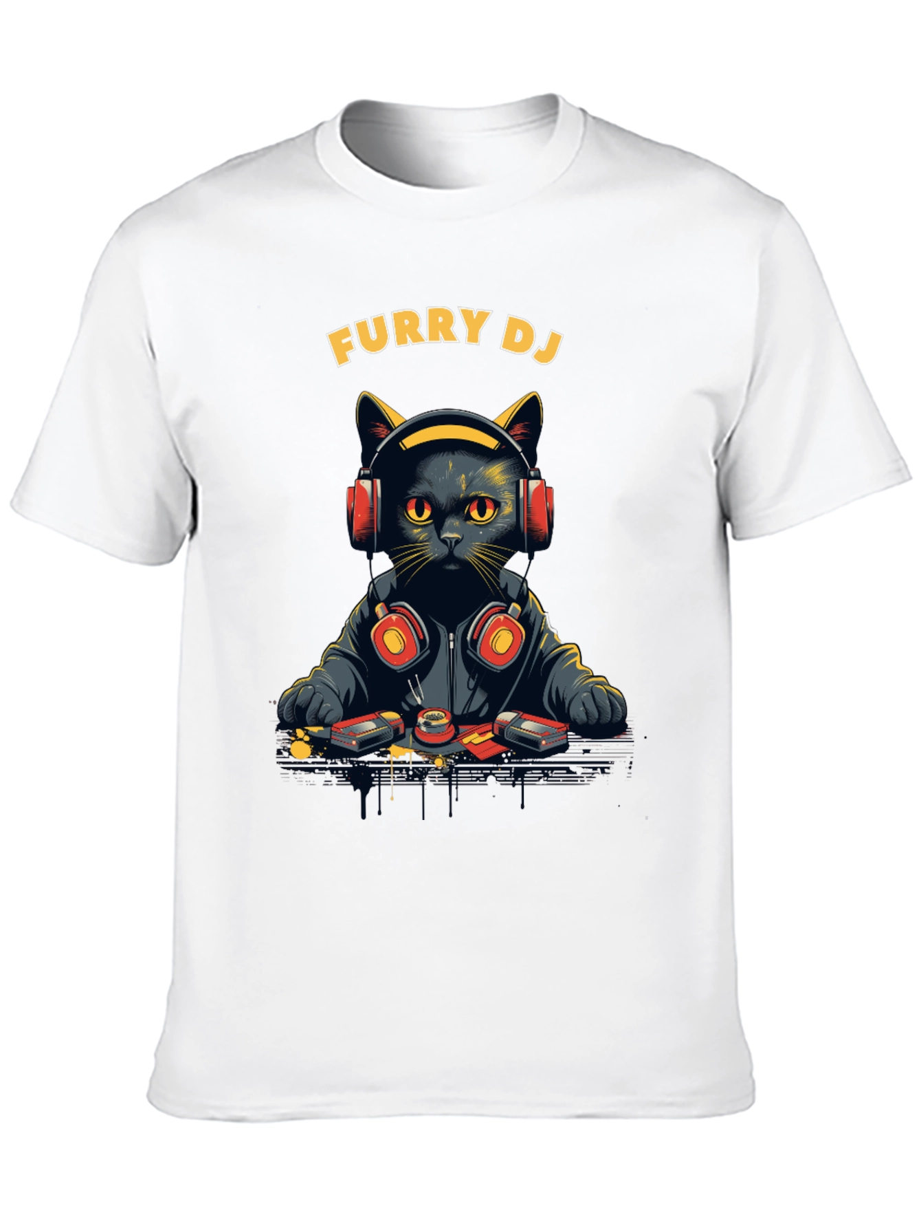 Furry DJ Cat Graphic Tee - Black T-Shirt