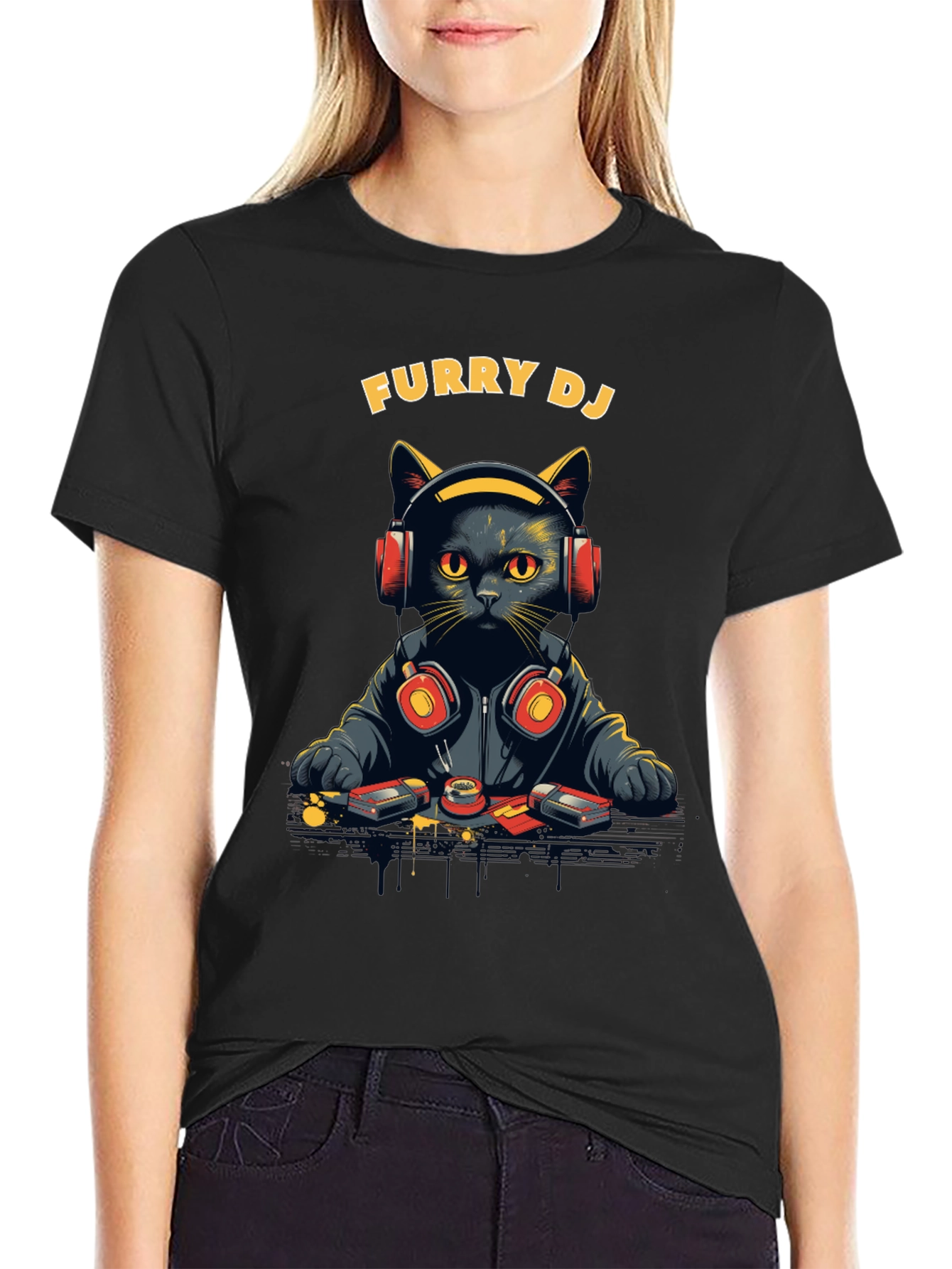 Furry DJ Cat Graphic Tee - Black T-Shirt