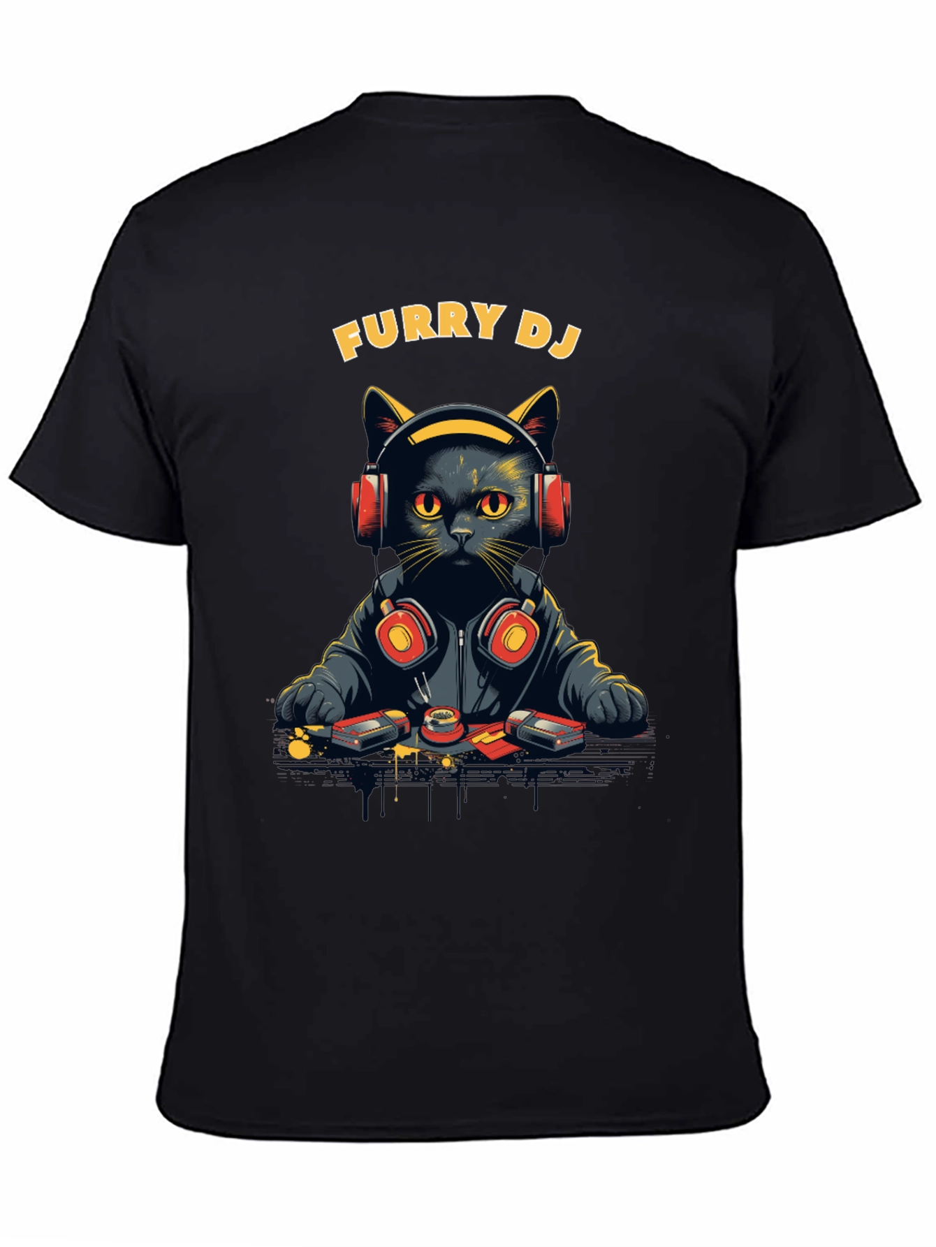 Furry DJ Cat Graphic Tee - Black T-Shirt