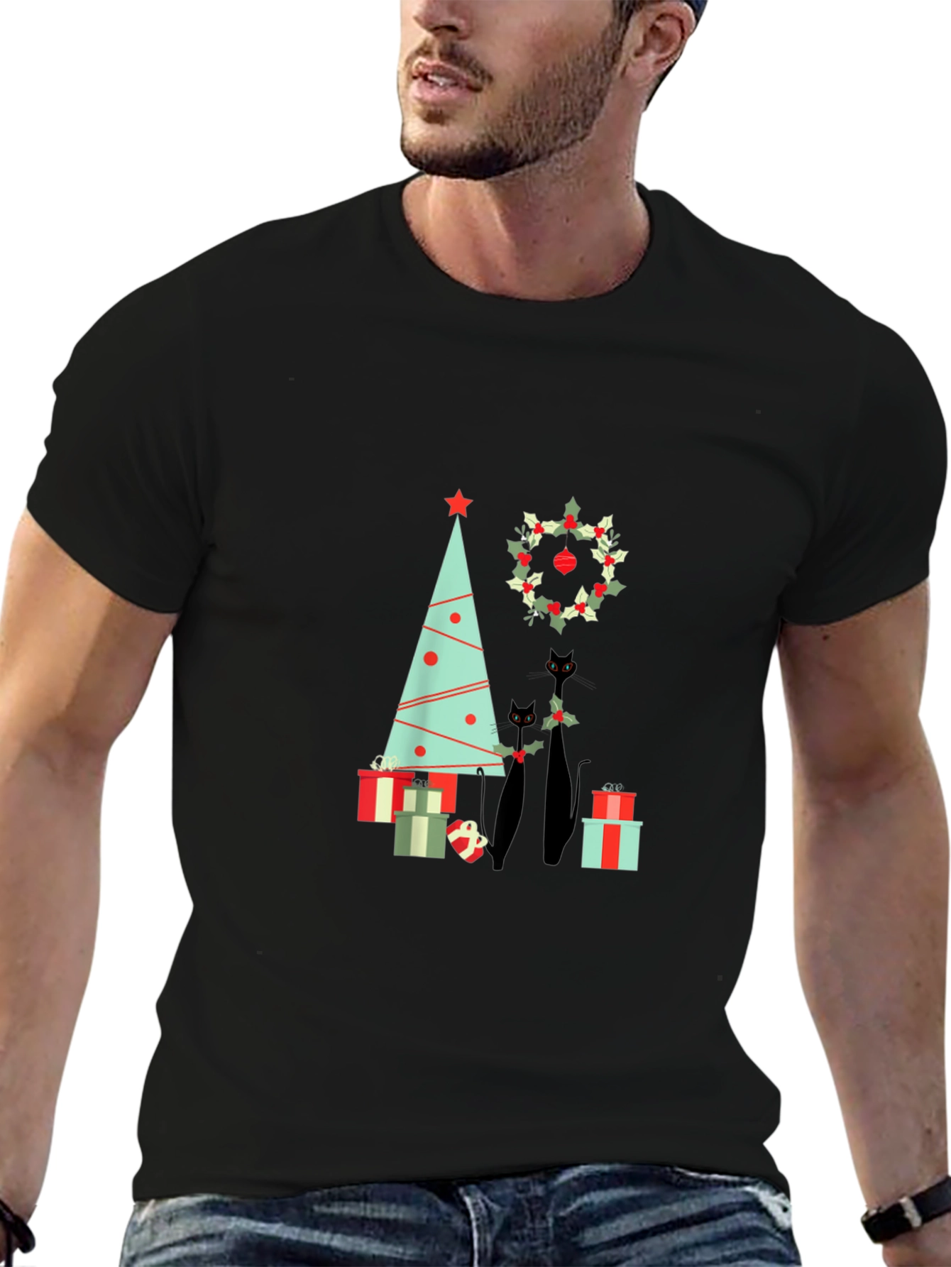 Festive Black Cat Christmas T-Shirt