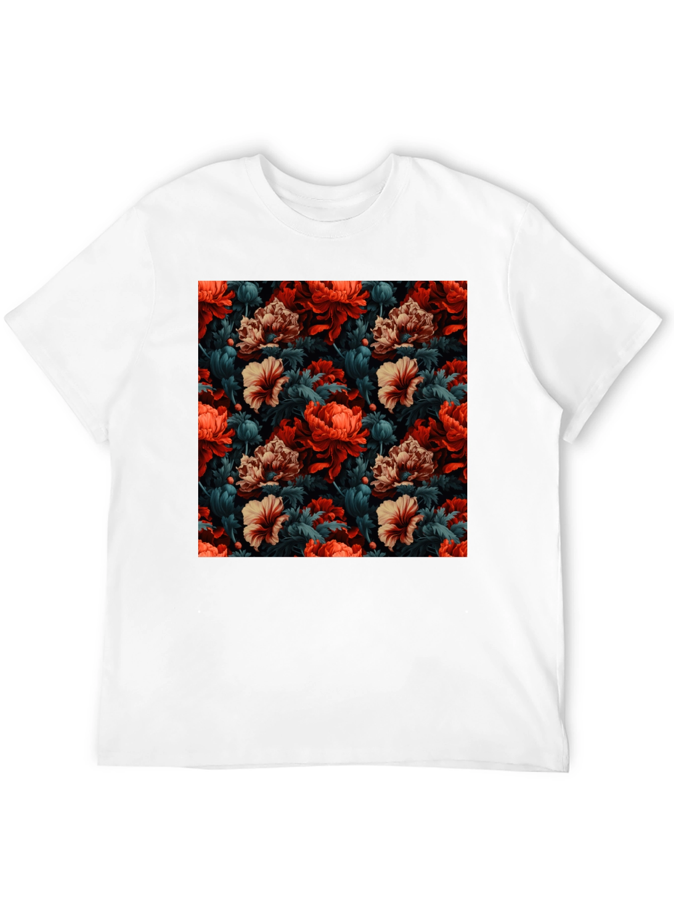 Floral Print T-Shirt - Red Tan and Green