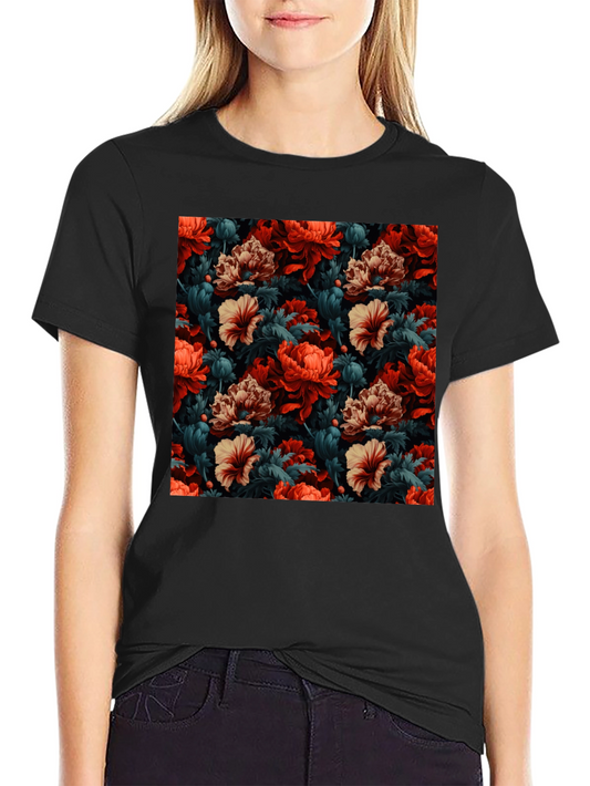 Floral Print T-Shirt - Red Tan and Green