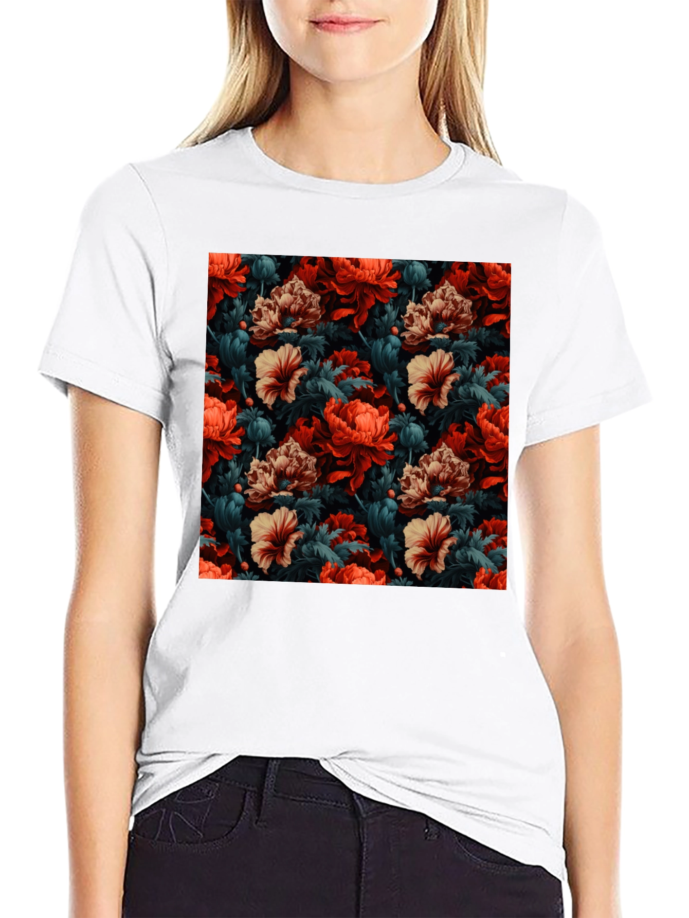 Floral Print T-Shirt - Red Tan and Green
