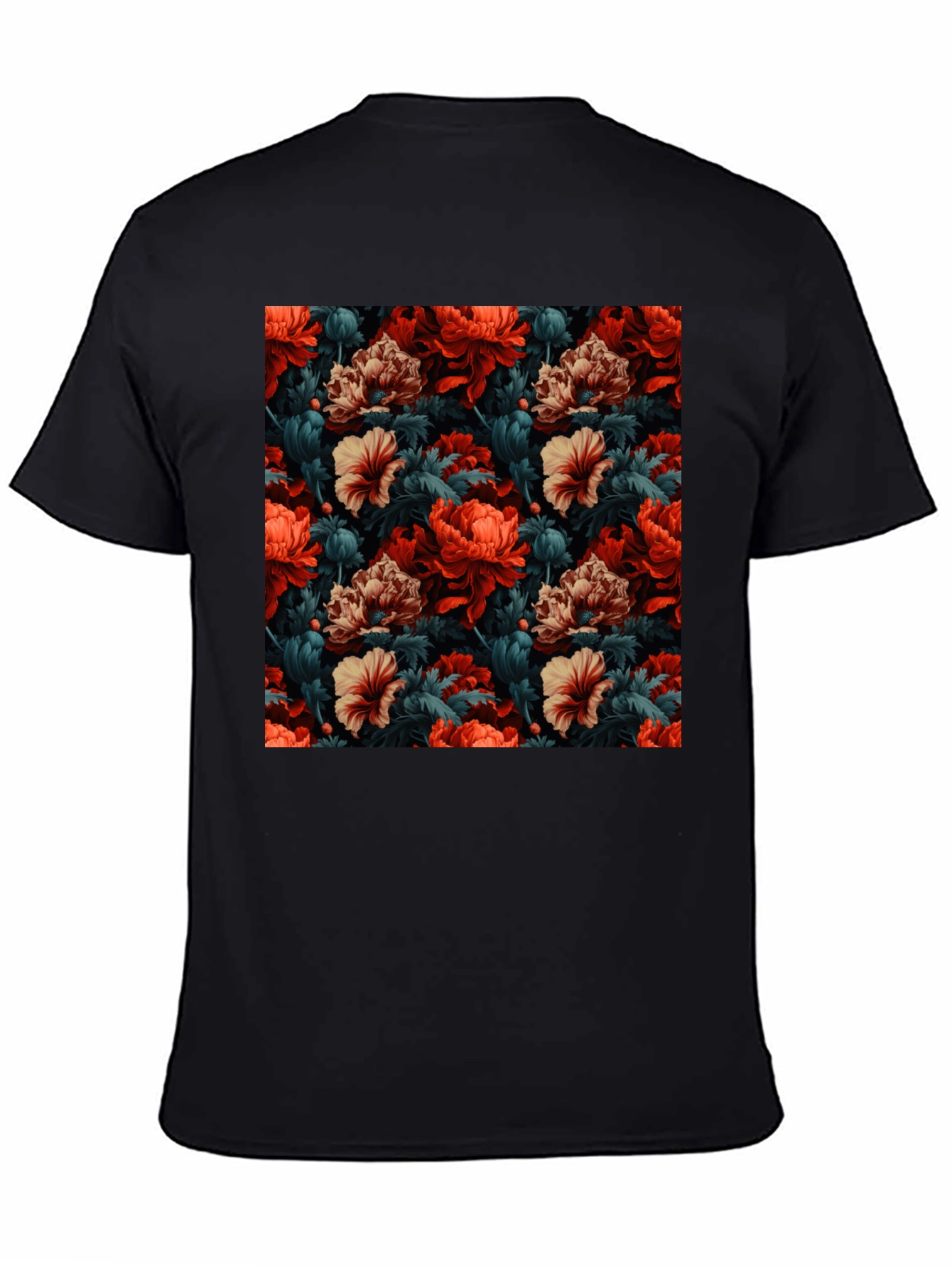 Floral Print T-Shirt - Red Tan and Green